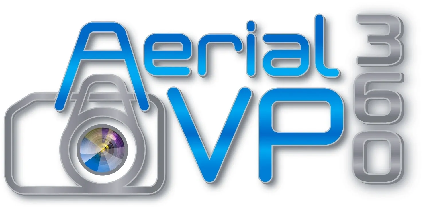 A blue and white logo for aerial video.